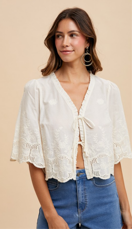Floral Embroidery Front Tie Top