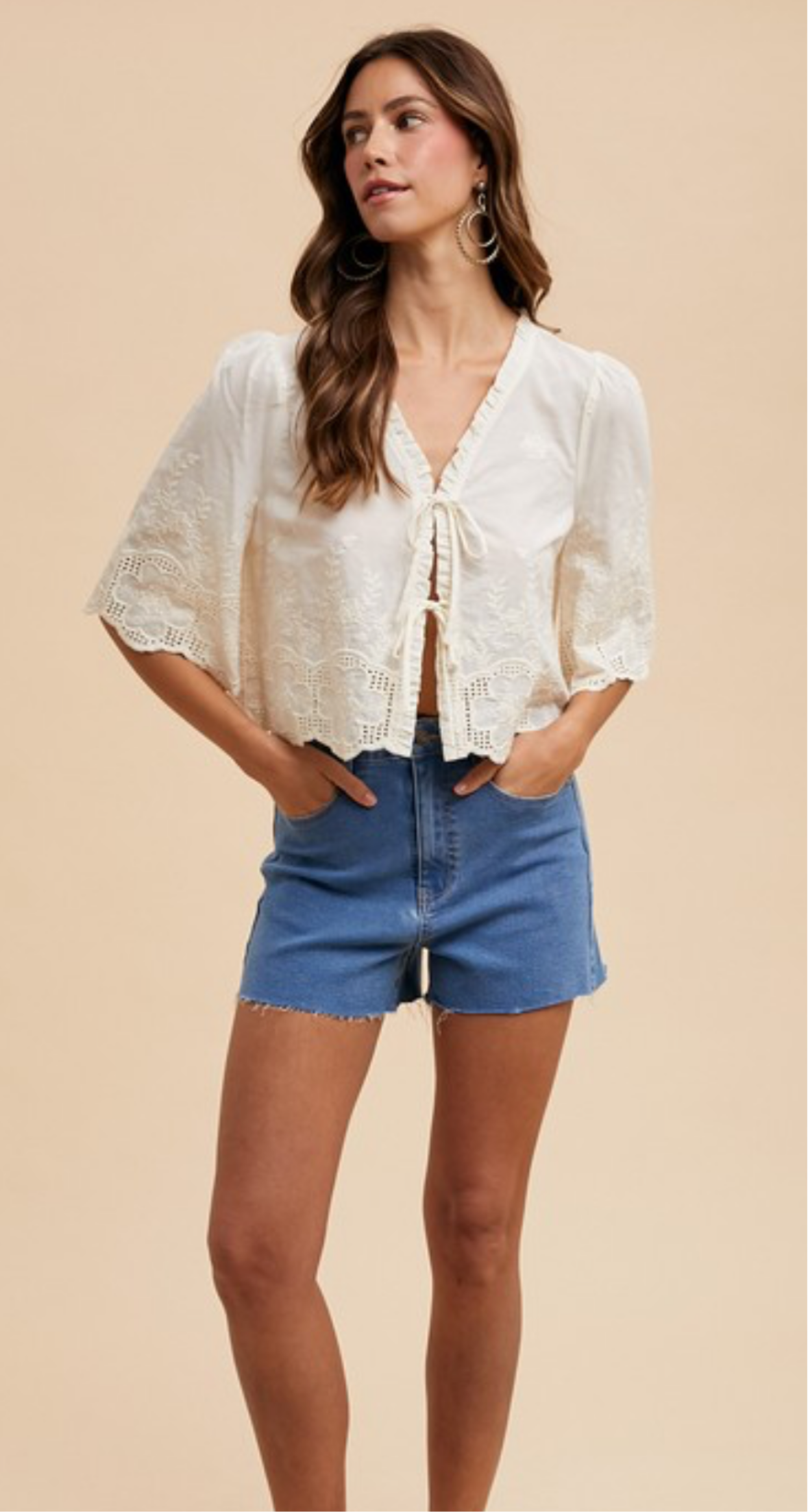 Floral Embroidery Front Tie Top