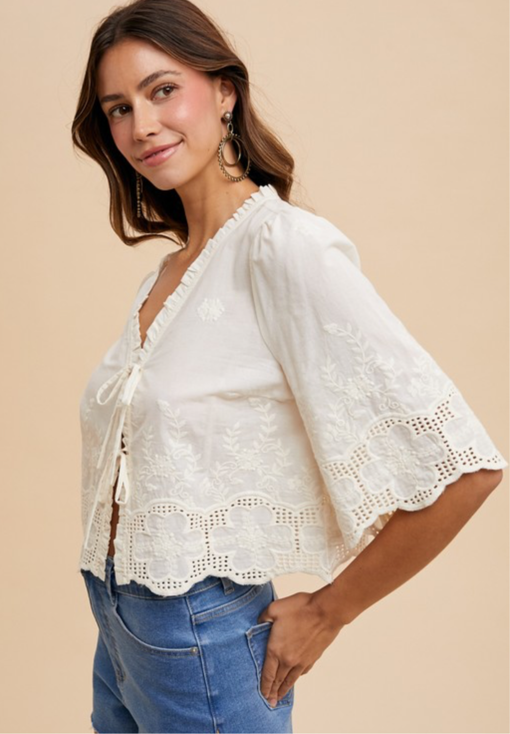 Floral Embroidery Front Tie Top