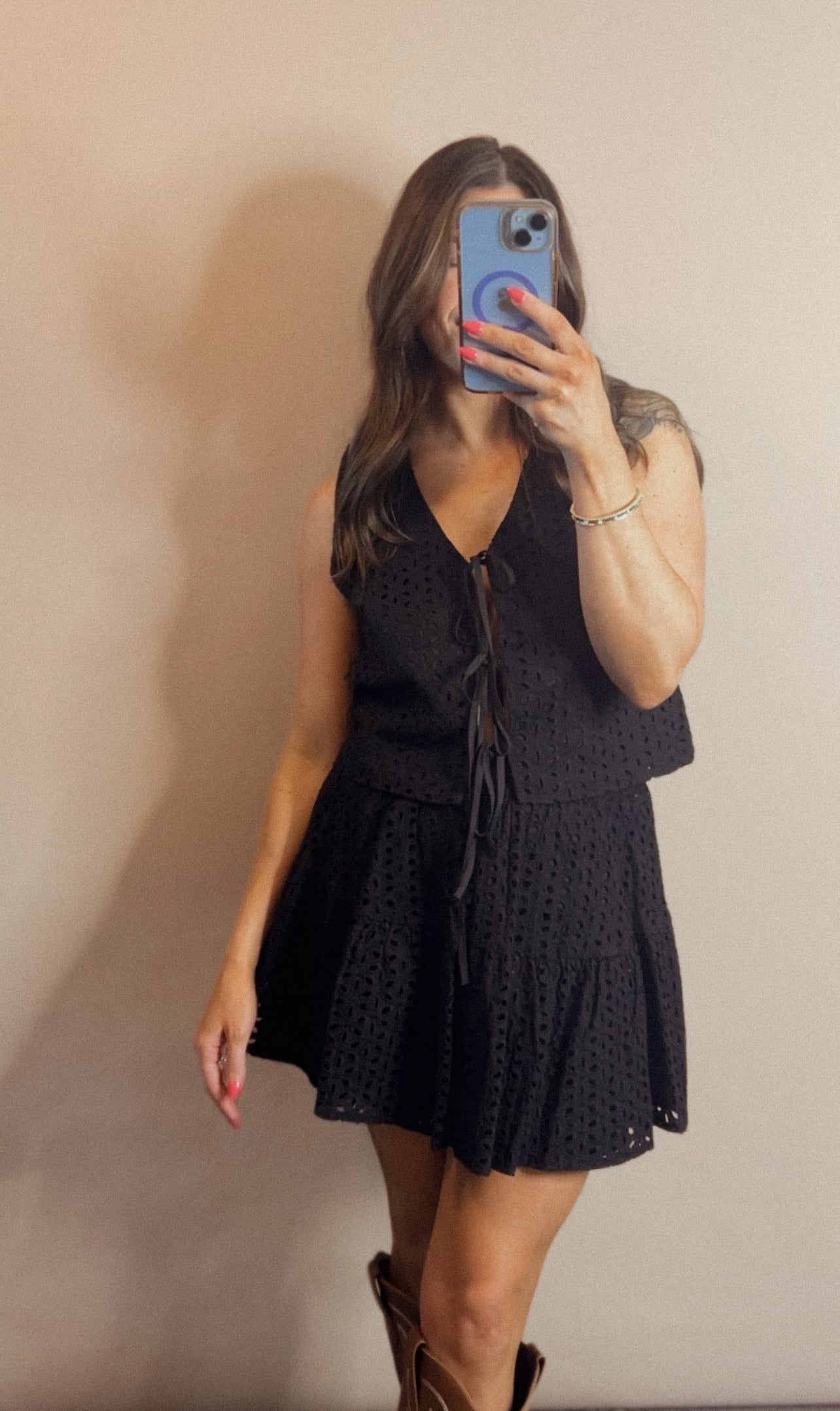 Eyelet Lace Front Tie Top and Tiered Skirt Set