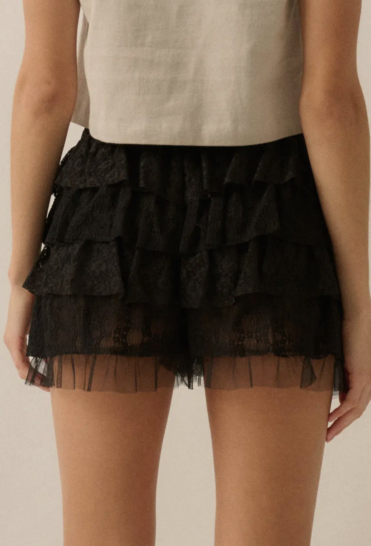 Ruffled Floral Lace and Mesh Bloomer Shorts