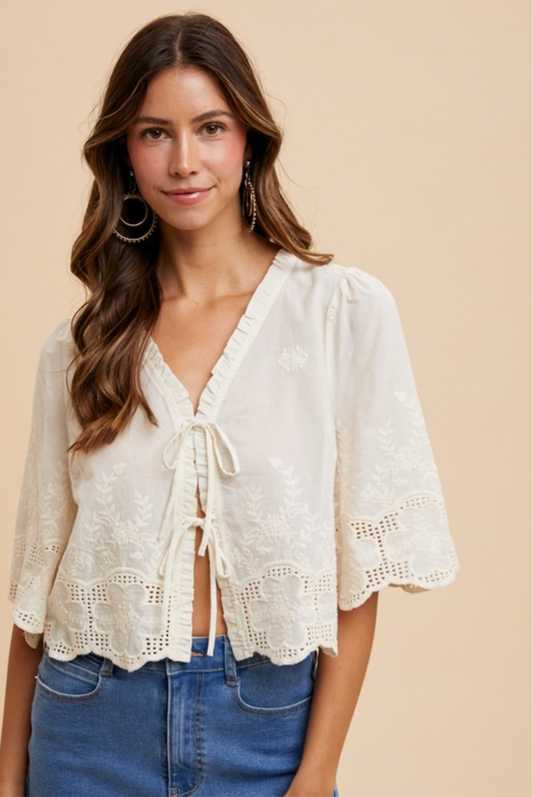 Floral Embroidery Front Tie Top
