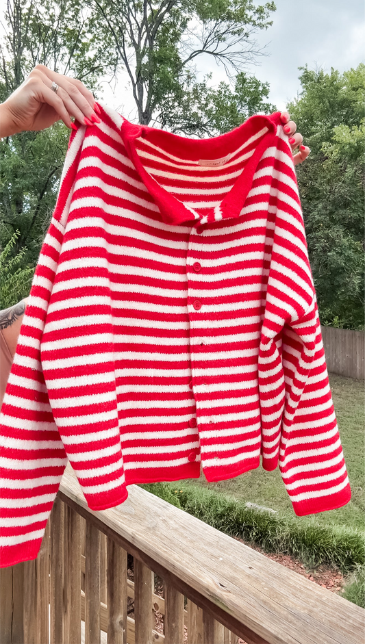 The Lasting Knit Button-Down Cardigan - Red and Ivory Stripes