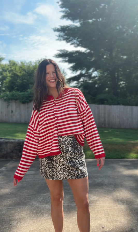 The Lasting Knit Button - Red and Ivory Stripes