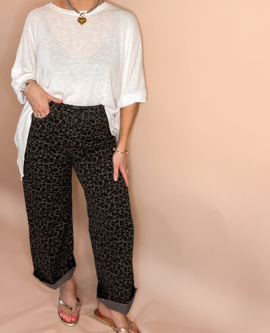 The Straight Leg Leopard Pants - Grey