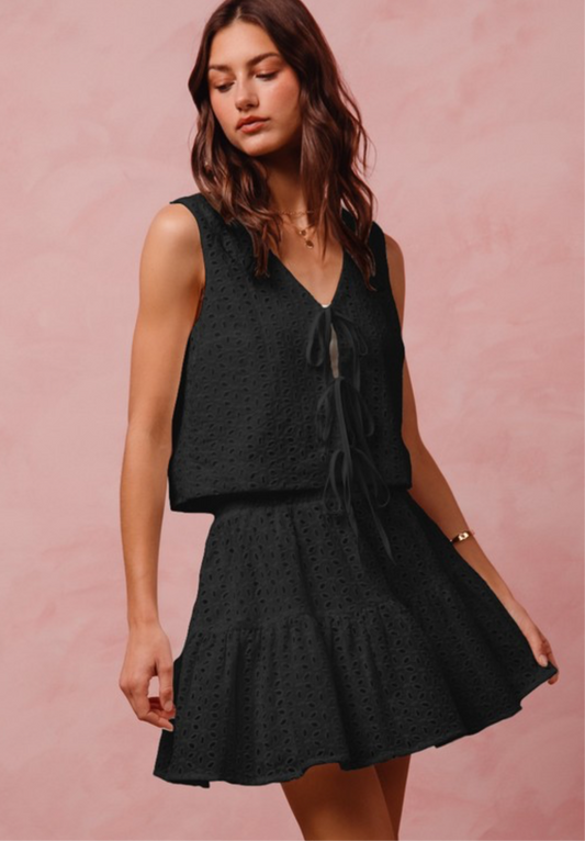 Eyelet Lace Front Tie Top and Tiered Skirt Set