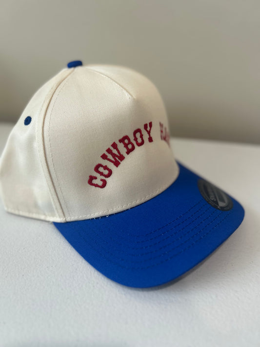 Blue and White Cowboy Hat Trucker