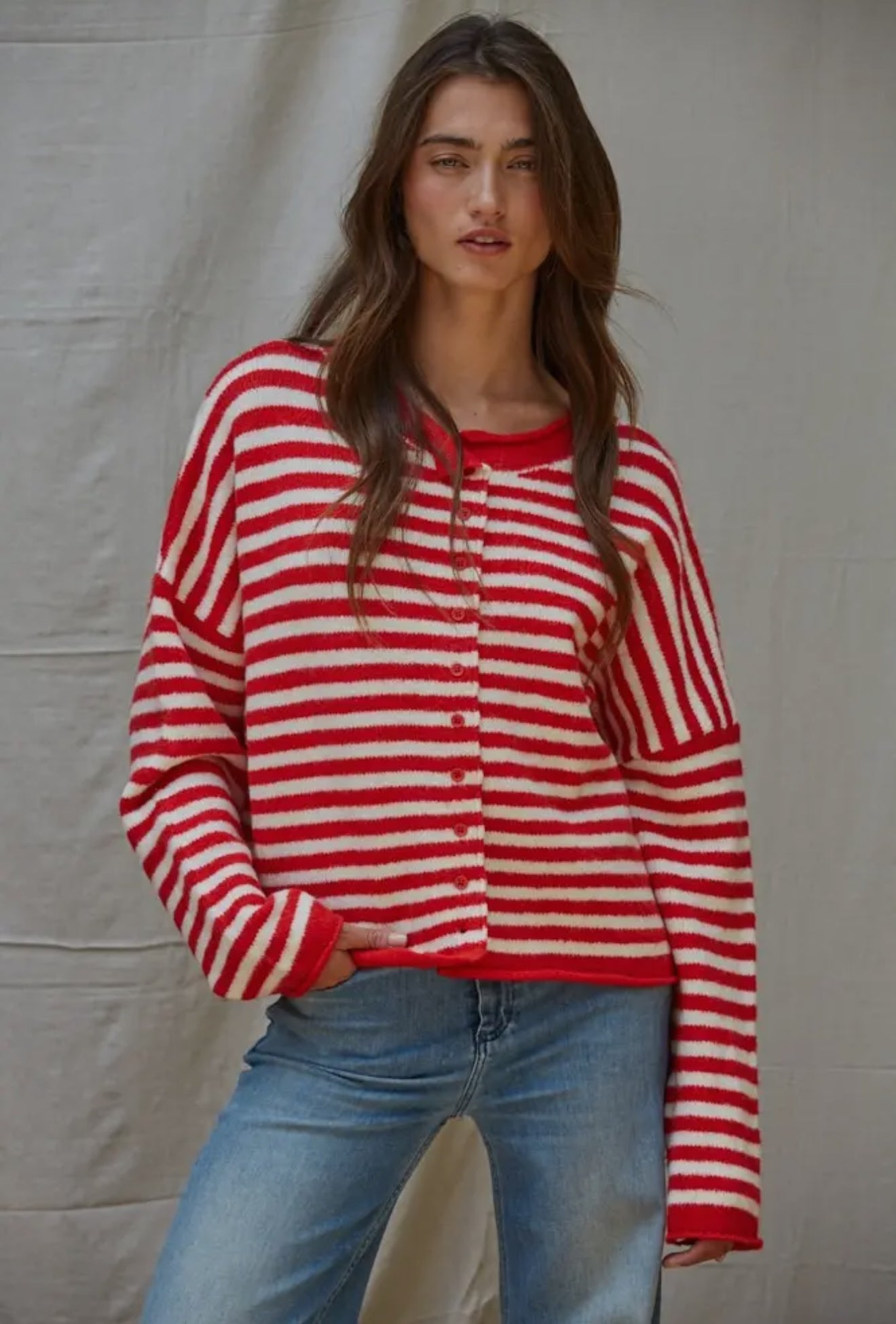 The Lasting Knit Button-Down Cardigan - Red and Ivory Stripes