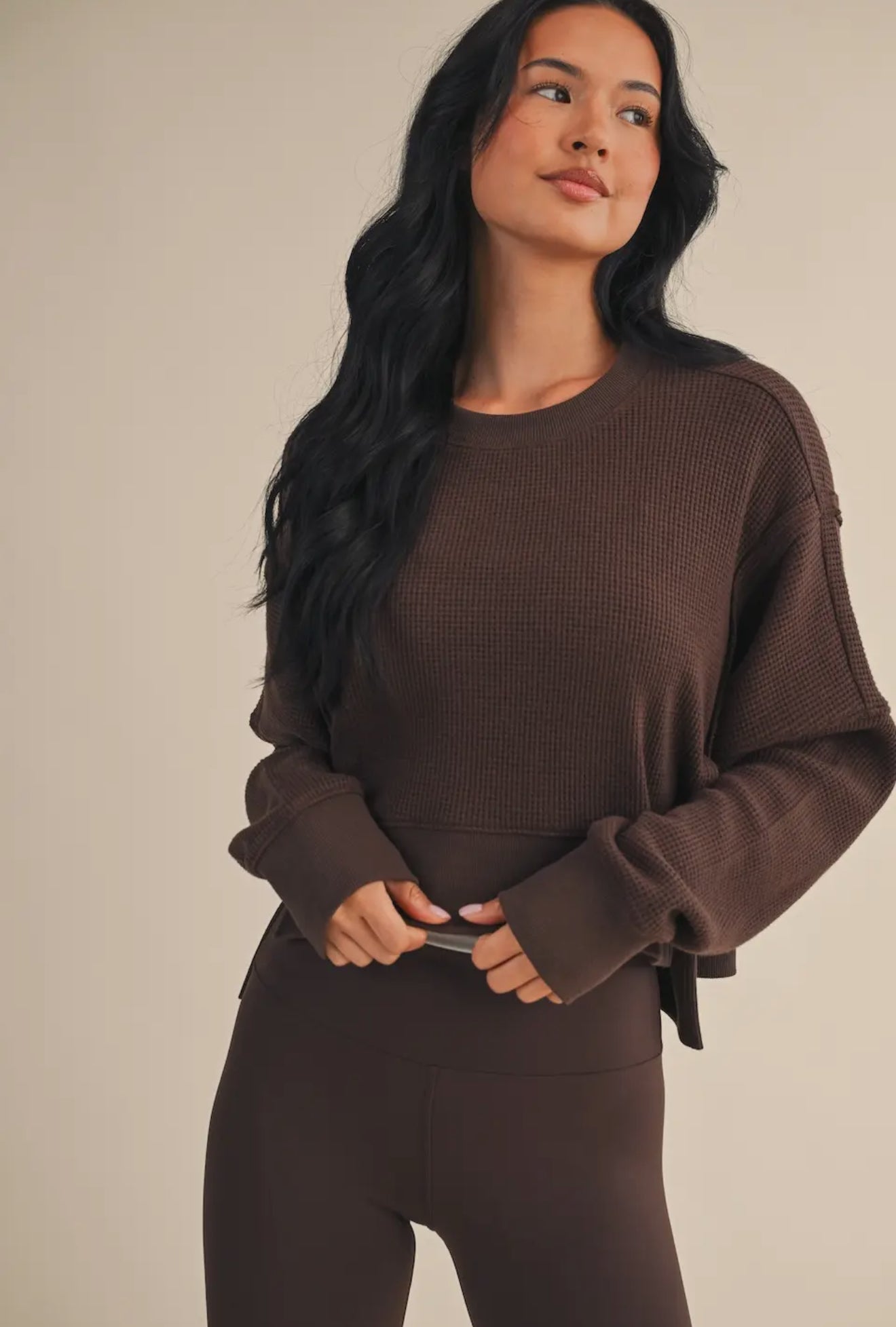 Oversized Espresso Waffle Knit Long Sleeve