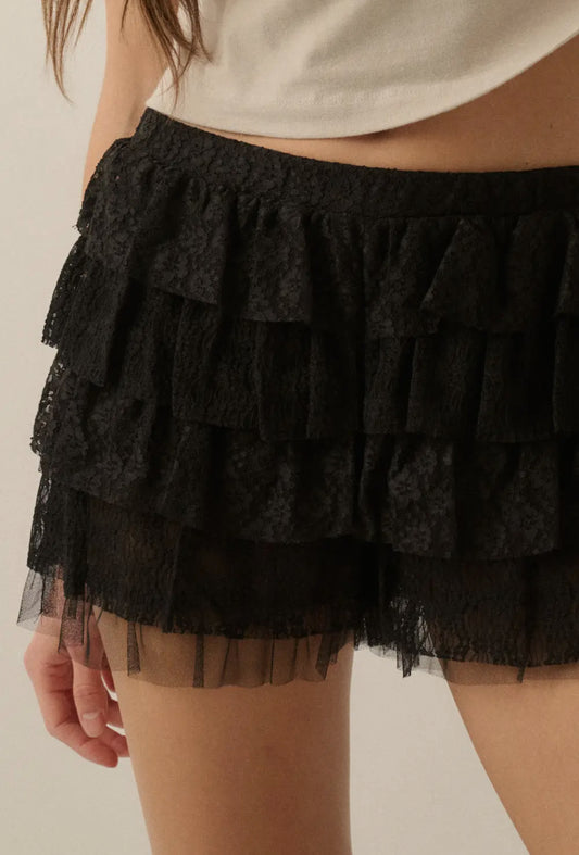 Ruffled Floral Lace and Mesh Bloomer Shorts