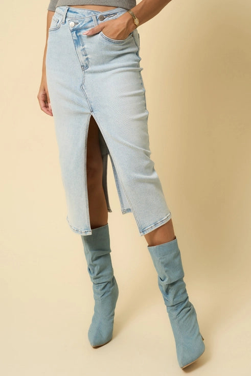 Crossover Denim Midi Skirt