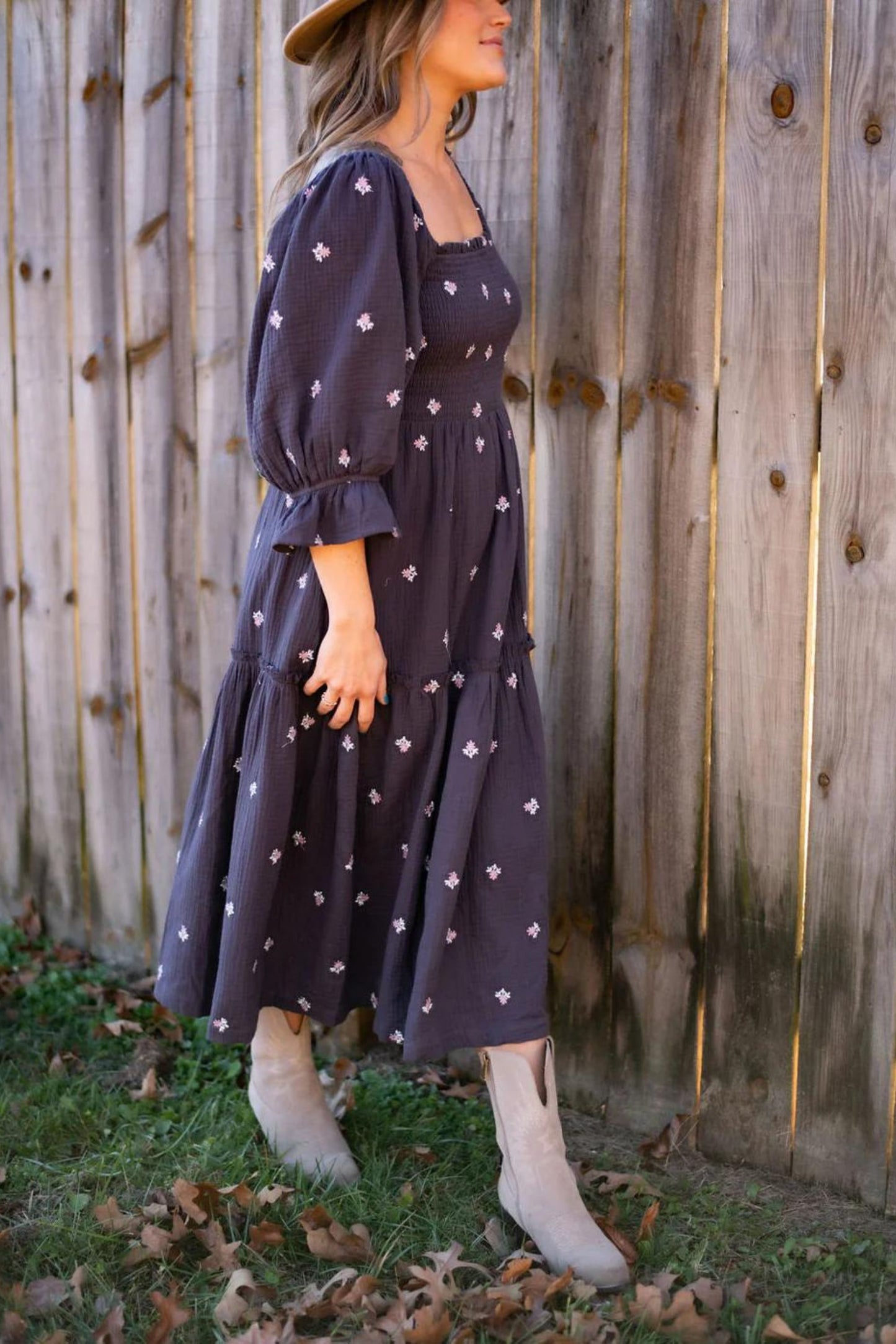 Delicate Floral Embroidery Puff Sleeve Maxi Dress