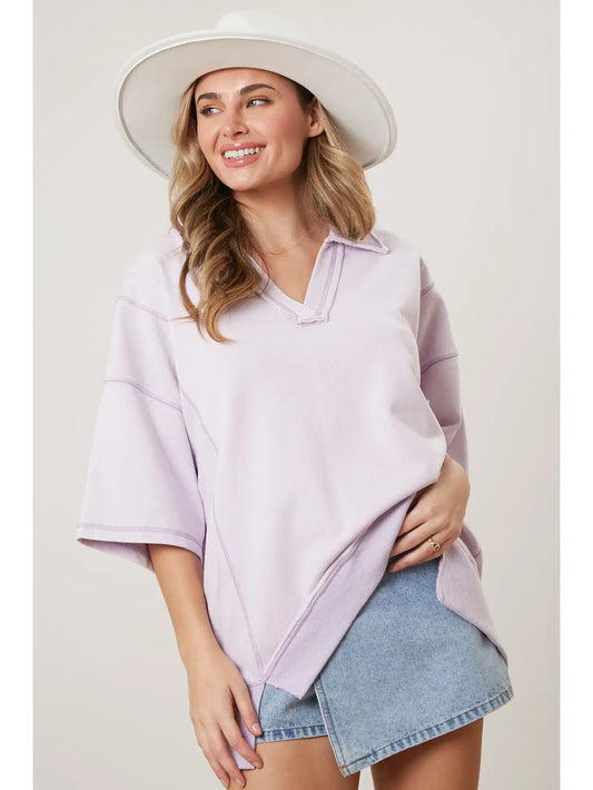 Lavender Washed Short Sleeve V-Neck Top