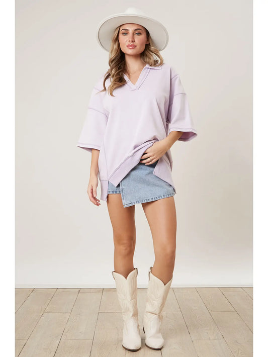 Lavender Washed Short Sleeve V-Neck Top